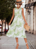 Women's Midi Dress with Modern Wave Pattern and Stand-Up Collar