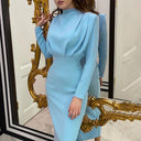 Chic Floor-Length Dress with Stand-Up Collar and Ruching Design