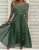 Ladies Lace Sleeve Midi Dress with Flared Skirt