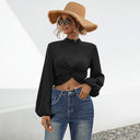 Women's Long Sleeve Blouse with Knot Design and Billowy Sleeves
