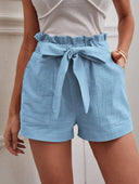 Woman's Linen Shorts with Decorative Belt and Elastic Waist