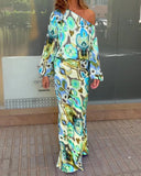 Stylish Off-Shoulder Tie-Dye Maxi Dress with Voluminous Sleeves