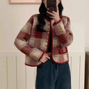 Chic Women's Blazer with Check Print and Button Accents