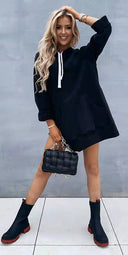 Chic Women's Hooded Dress with Pockets and Side Slits