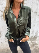 Chic Velvet Blouse with Classic Collar and Long Sleeves