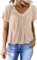 Women’s Airy V-Neck Blouse with Pleats & Short Sleeves