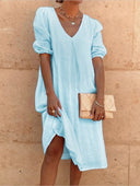 Chic V-Neck Linen Puff Sleeve Dress for Women