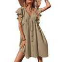Chic Women's Summer Dress with Ruffle Accents and Button Closure