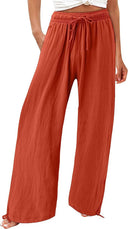 Chic Women's Wide-Leg Summer Trousers with Elastic Waist and Side Pockets