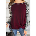 Chic Women's Long Sleeve Blouse with Leopard Print Sleeves and Knot Accent