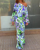 Stylish Off-Shoulder Tie-Dye Maxi Dress with Voluminous Sleeves