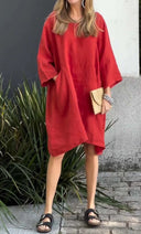 Chic Women's Linen Dress with Asymmetrical Hem and Pockets