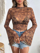 Floral Print Long Sleeve Women's Shirt with Wide Sleeves