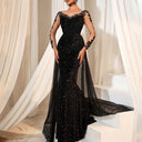 Stylish Evening Dress with Shimmering Lace and Tulle Cape