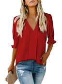 Chic V-Neck Blouse with Ruffled Sleeves and Pleats