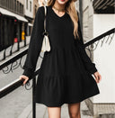Stylish Women's V-Neck Dress with Flowy Hem and Long Sleeves