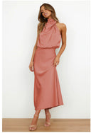 Chic Maxi Dress with Stand-Up Collar and Draped Design