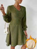 Women's V-Neck Long Sleeve Fleece Dress – Chic & Cozy Style