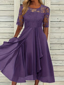 Ladies Lace Sleeve Midi Dress with Flared Skirt