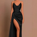 Chic Long Sleeve Maxi Dress with High Slit and Draped Design