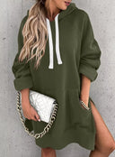 Chic Women's Hooded Dress with Pockets and Side Slits