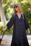 Chic Women's Long Sleeve Button Dress with Balloon Sleeves