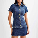 Chic Women's Denim Shirt Dress with Short Sleeves