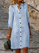 Stylish Women's Striped Shirt Dress with Button Placket and 3/4 Sleeves