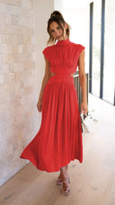 Chic Women's Maxi Dress with Stand-Up Collar and Unique Cut-Out Design