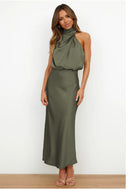 Chic Maxi Dress with Stand-Up Collar and Draped Design
