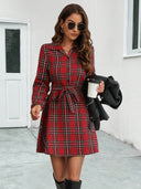 Checked Pattern Women's Shirt Dress with Adjustable Belt