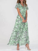Floral Chiffon Women's Maxi Dress with Sheer Sleeves