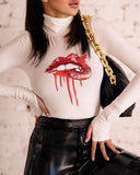 Chic Women's Long-Sleeve Bodysuit with Artistic Lip Design