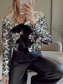 Chic Bow Detail Glitter Blouse for Women