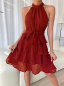 Chic Women's High-Neck Ruffle Dress with Belt