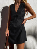 Women's Linen Dress with Deep V-Neck and Sleeveless Style