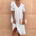 Chic V-Neck Linen Puff Sleeve Dress for Women
