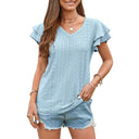 Women's V-Neck T-Shirt with Ruffle Accents and Eyelet Design