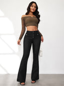 High-Waisted Flared Jeans with Chic Button Accents