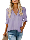 Chic V-Neck Blouse with Ruffled Sleeves and Pleats