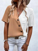Chic Asymmetrical Short Sleeve Blouse with Button Accents