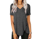 Stylish Women's V-Neck Tee with Asymmetrical Hem & Button Accents