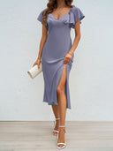 Chic V-Neck Midi Dress with Ruffle Accents