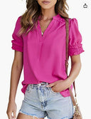 Ruffled Sleeve Short Sleeve Blouse with Stand-Up Collar