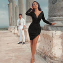 Women's Glitter V-Neck Dress with Asymmetrical Hem