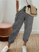Women's Striped Pants with Elastic Waist and Side Pockets