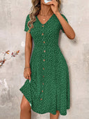 Chic V-Neck Knee-Length Dress with Button Details