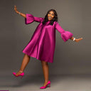 Women's A-Line Dress with Dramatic Sleeves and Luminous Finish