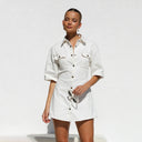 Chic Women's Denim Dress with Short Sleeves and Handy Pockets