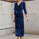 Chic Puff Sleeve Wrap Dress with Gold Accents